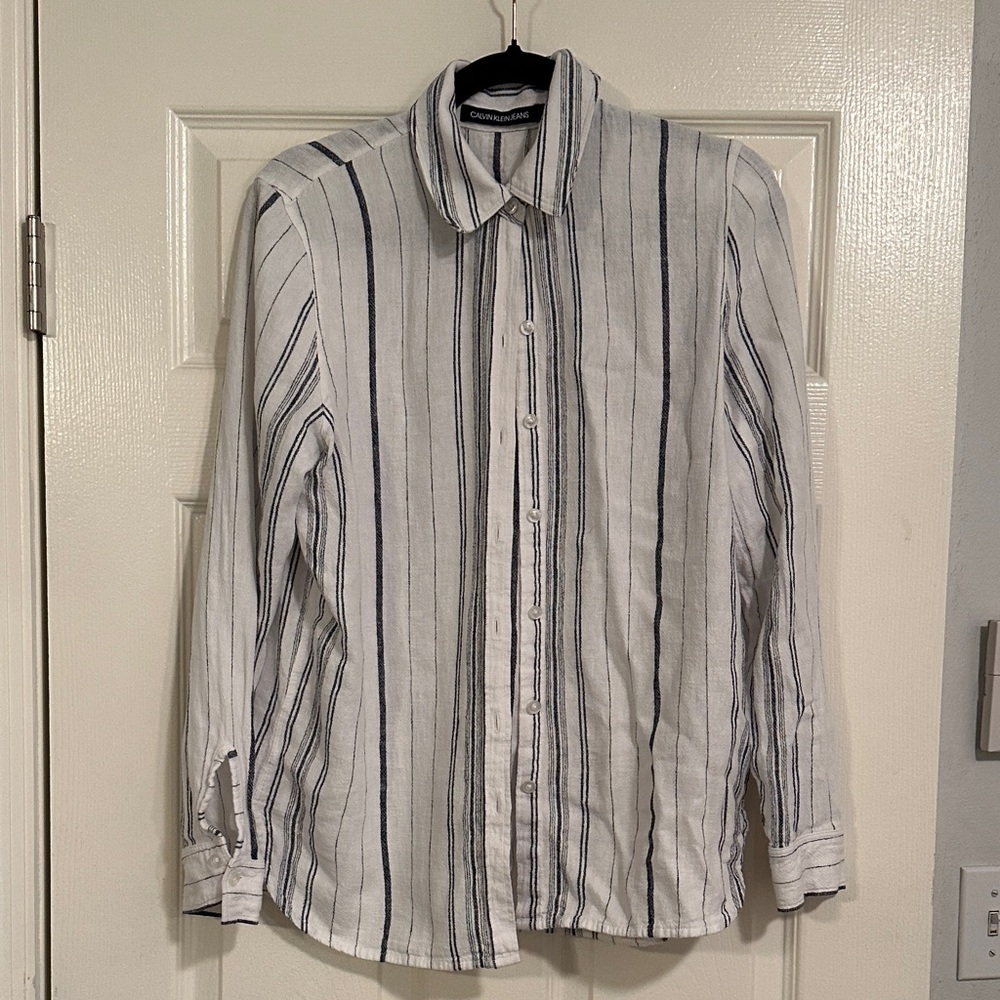Calvin Klein Jeans Linen White Shirt with Navy Stripes